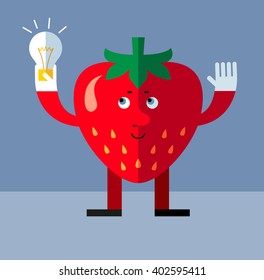Strawberry get the idea holding bulb. Flat style vector illustration . Funny cartoon character