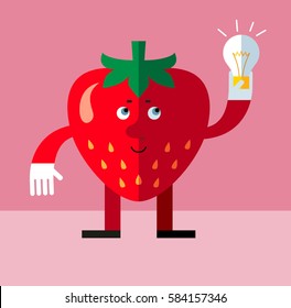 Strawberry get the idea holding bulb. Flat style vector illustration . Funny cartoon character