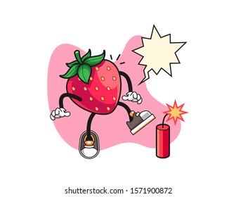 Strawberry get surprise firecrackers with speech bubble cartoon. Mascot Character vector.