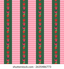 Strawberry Gingham Seamless Pattern, Cute Fruit Vertical Stripe Background