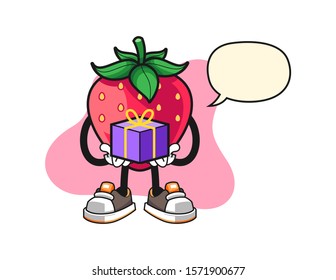 Strawberry give a gift with speech bubble cartoon. Mascot Character vector.