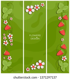 Strawberry Glade. Triptych. Flower design. Banner, poster, greeting card design. Place for text, stylized flowers on an abstract background.