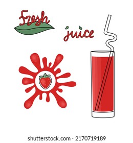 Strawberry. Glass Of Juice. Splash. Flat Style. Vector Illustration 