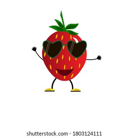 Strawberry with glasses in cartoon style. Icon or logo. Vector illustration. The isolated object on a white background. Fruit character with emotion. 