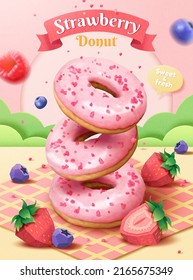 Strawberry glazed donuts ad poster. Strawberry frosted doughnuts falling on picnic plaid with blueberries and strawberries in park in 3d and papercut style