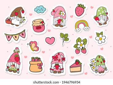 Strawberry gnomes sticker, planner and scrapbook. Vector illustration