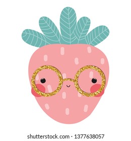 Strawberry with gold glitter glasses. Cute fashion kids graphic. Vector hand drawn illustration.