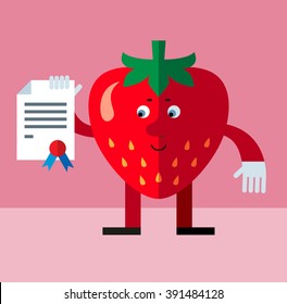 Strawberry  with graduation diploma. Flat style vector illustration . Funny cartoon character