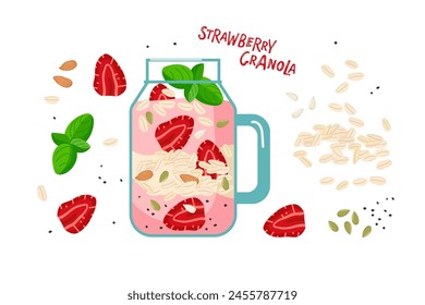 Strawberry granola. Granola parfait with yogurt, oat, fresh berries, nuts. Recipe ingredients. Healthy breakfast. Glass smoothie mug with fruit parfait. Fresh Healthy superfood recipe. Healthy eating