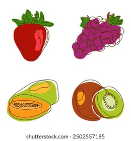 Strawberry Grape Papaya Kiwi Fruit Healthy Food in Line Art Style