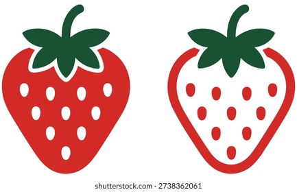 Strawberry graphic illustrations feature two distinct designs, one filled red with white dots, and another outlined in red with white body and red dots, both with green leaves on a plain white background, symbolizing freshness and simplicity.