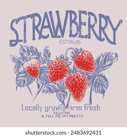 Strawberry graphic, vintage hand drawn fruits print design, fruit print artwork, summer t-shirt design, women's t-shirt , tops, sweatshirt fruit print design