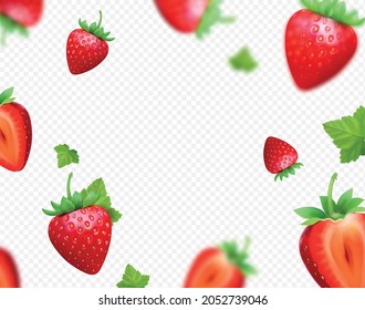 Strawberry with green leaves falling on transparent background. Blurred isolated strawberry berries. Vector realistic.