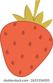 A strawberry with green leaves in a flat style. The berry has a simple shape and dotted seeds. Cartoon vector illustration.
