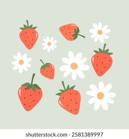 Strawberry with green leaves icon set and white flower on green background vector.