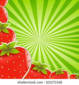 Strawberry And Green Sunburst Background, Vector Illustration