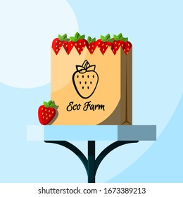 Strawberry in grocery paper bag. Brown carton shopping bag with shop logo and fruits on a table. Flat vector illustration. Groceries on a table. Online food delivery.