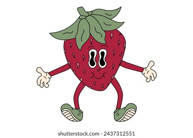 Strawberry groovy cartoon character. Vector retro fruit illustration.