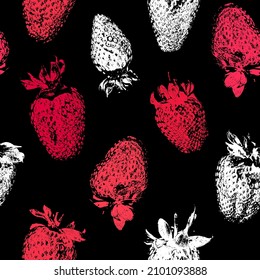 Strawberry grunge retro pattern. Abstract strawberries fabric design. Organic berry. Village garden harvest. Farmers market food.