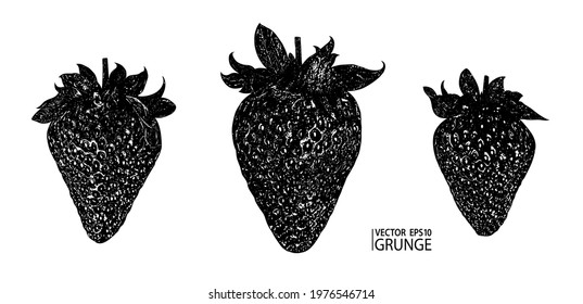 Strawberry grunge set. Abstract black and white strawberries. Organic berry. Unusual grunge berry. Village garden harvest. Farmers market food.