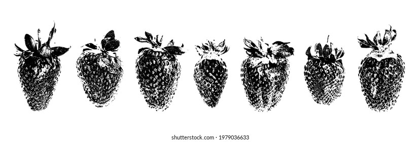 Strawberry grunge set. Abstract black and white strawberries. Organic berry. Unusual grunge berry. Village garden harvest. Farmers market food.