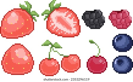 Strawberry
 half strawberry
Blackberry
Raspberry
Blueberry
cherry 
art
decorations cake decorations 
fruit 
cute decorations 
Cute
berries 
colorful 
pastel
pixel
vegetables 
appetizing 
PNG 
cartoon