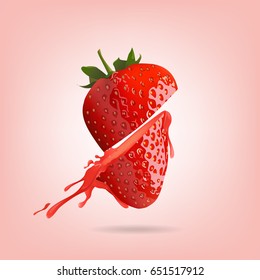 Strawberry half cut in splash on pink background, vector illustration.