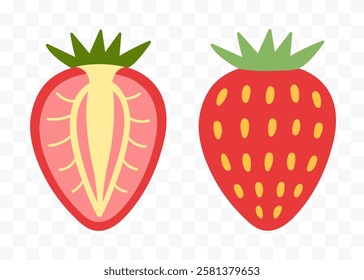 Strawberry half and whole fruit. Set of hand drawn abstract colorful fruits. Natural tropical collection. Vector illustration in modern cute flat cartoon style.