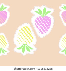Strawberry  halftone  seamless pattern, dashed lines, tags. Hand drawn.