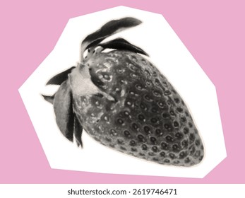 Strawberry in halftone style. Sweet summer berry for contemporary collage art design, cut out from paper, magazine, newspaper. Abstract pieces with strawberries for composition. Vector.
