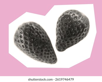 Strawberry in halftone style. Sweet summer berry for contemporary collage art design, cut out from paper, magazine, newspaper. Abstract pieces with strawberries for composition. Vector.