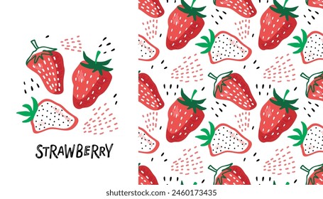 Strawberry hand drawn doodle sketch illustration and seamless background. Vector Food template for sticker, logo, diet concept, farmers market. Sketch illustration of healthy berry. Red strawberries