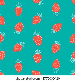 Strawberry hand drawn isolated on green pastel background. Seamless vector illustration.