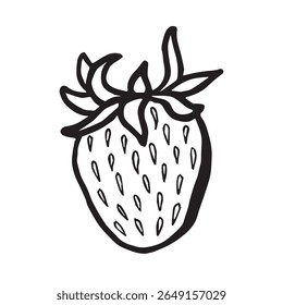 Ilustración vectorial aislada dibujada a mano de fresa para el diseño de productos alimenticios. Bosquejo blanco y negro de las bayas frescas del jardín, comida sana orgánica. Fruta de verano en línea estilo de arte para cosméticos y textiles.
