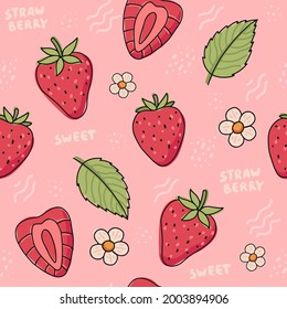 Strawberry hand drawn seamless pattern. Cute colorful strawberries with flowers and leaves in doodle style, vector illustration