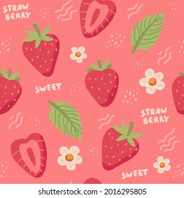 Strawberry hand drawn seamless pattern. Cute colorful strawberries with flowers and leaves in doodle style, vector illustration