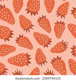 Strawberry hand drawn seamless pattern. Summer retro background for fabrics, decorative paper. Textile print for kids. Vector illustration.