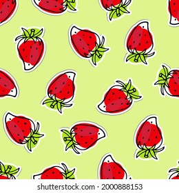 Strawberry hand drawn sticker sketch seamless pattern. Bright berry. Outline vector illustration. Frash Strawberry backdrop for label drawing, T-shirt printing, baby room wallpaper. Organic eco food