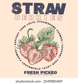 Strawberry hand drawn vector graphics, t-shirts, women's food fashion. Strawberry Lovers Shirt, Retro Strawberry T-Shirt, Fruit vintage t-shirt design. fruit print. Trendy Strawberry Tee Shirt