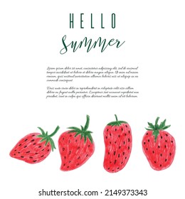 Strawberry hand drawn vector illustration with calligraphy, lettering, watercolor splashes, isolated background. Vegetarian eco food product, organic, vegan nutrition. Menu design, print. Hello summer