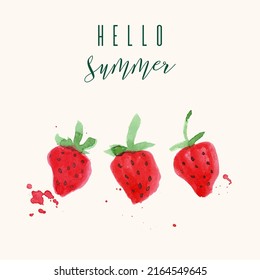 Strawberry hand drawn vector illustration with calligraphy, lettering, watercolor splashes, isolated background. Vegetarian eco food product, organic, vegan nutrition. Menu design, print. Hello summer