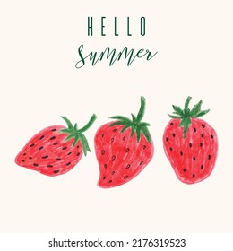 Strawberry hand drawn vector illustration with calligraphy, lettering, watercolor splashes, isolated background. Vegetarian eco food product, organic, vegan nutrition. Menu design, print. Hello summer