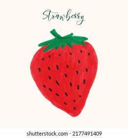 Strawberry hand drawn vector illustration with calligraphy, lettering, watercolor splashes, isolated background. Vegetarian eco food product, organic, vegan nutrition. Menu design, print. Hello summer