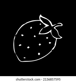 strawberry hand drawn with white outline on black background. Fruits on a white-black background. Vector illustration.