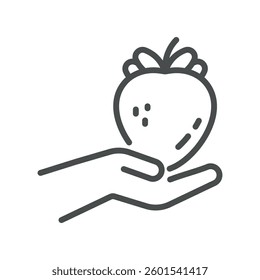 Strawberry in Hand Icon. Line Illustration of a Fresh Strawberry Held in a Hand, Representing Organic Farming, Fresh Produce, and Healthy Eating.