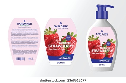 Strawberry Handwash Label Design, Handwash bottle template design vector illustration, Vector label design, EPS Package, hand wash mockup Label Vector
