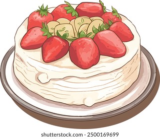 Strawberry Happy Birthday Cake Illustration