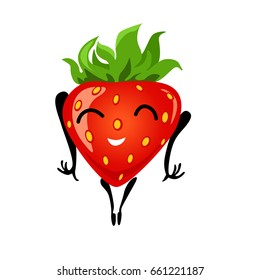 Strawberry having fun. Cartoon illustration of berry. Funny positive and friendly strawberry emoticon face food emoji. Icon comical fruit