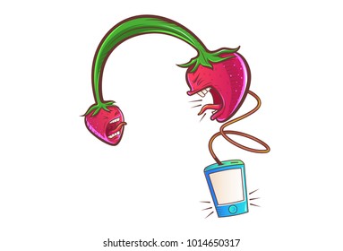 Strawberry Headphones character screaming. Vector Illustration. Isolate don white background.