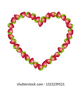 Strawberry heart border frame. Vector text frame illustration made of strawberry with leaves isolated on a white.